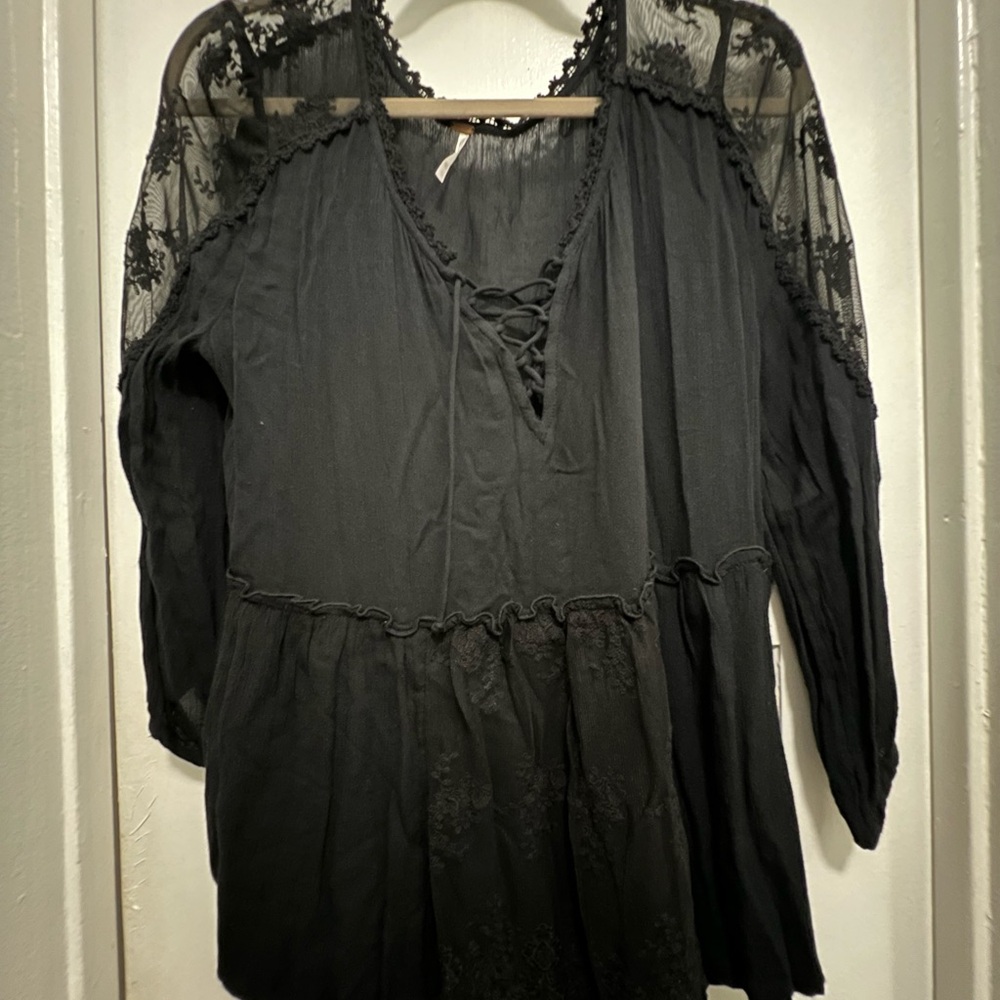 Free People Black Lace and Embroidered Women's Blouse